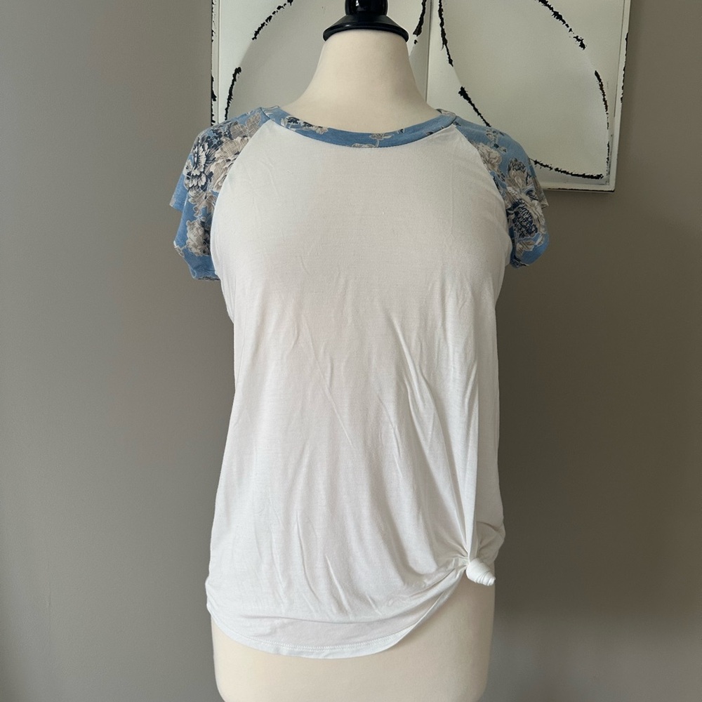 Elegant White and Blue Floral Sleeve Women's Top